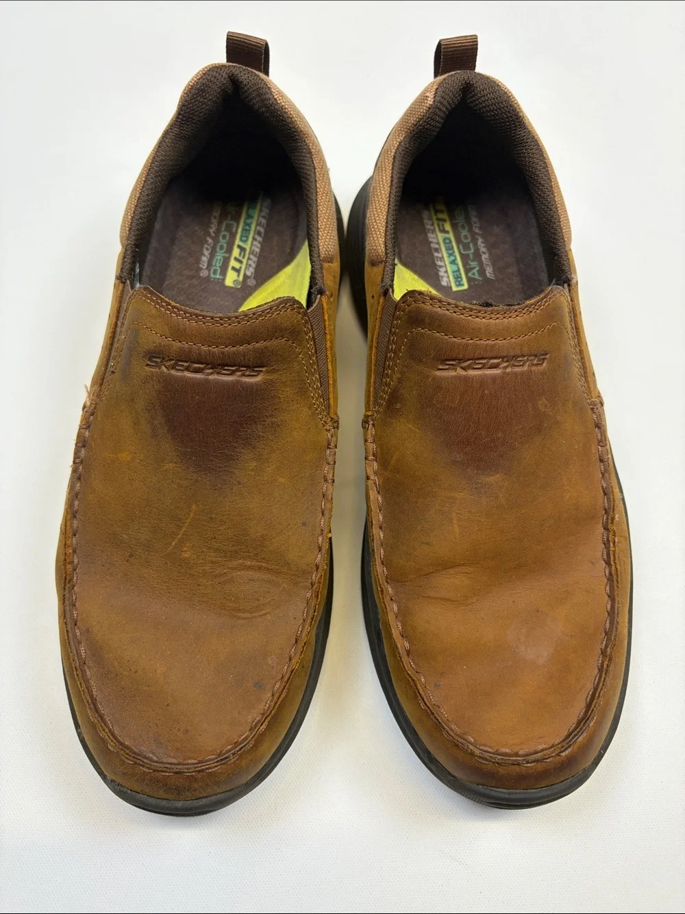 SKECHERS EXPENDED SEVENO MENS 10 BROWN LEATHER SLIP ON LOAFERS 66146